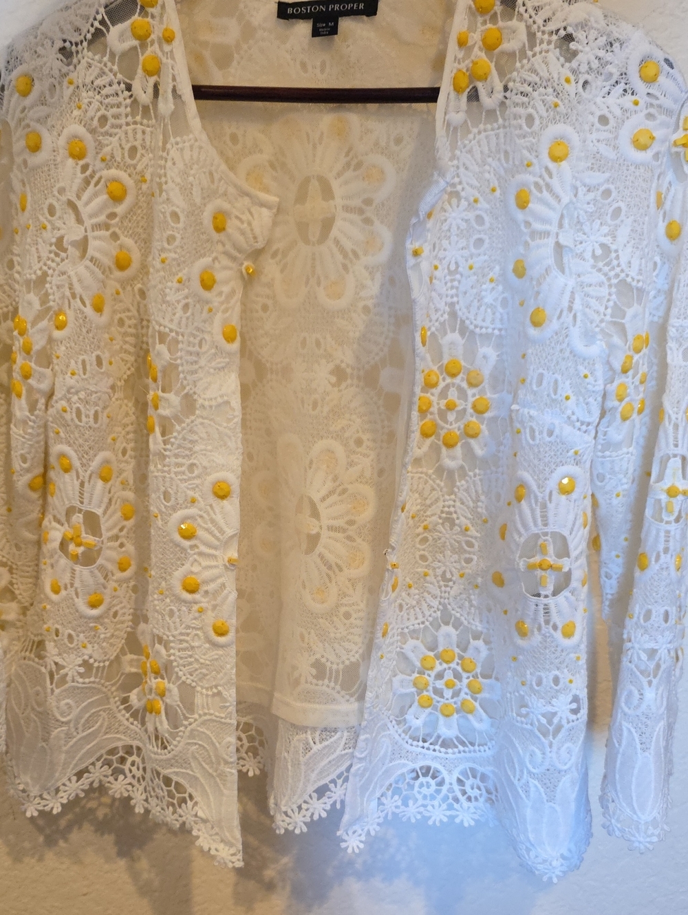 Boston Proper White Lace Open Jacket with Yellow Dot Accents